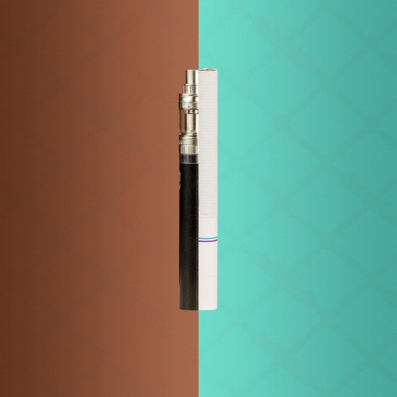 First-generation cigalike next to a modern refillable vape pen on a two-tone background